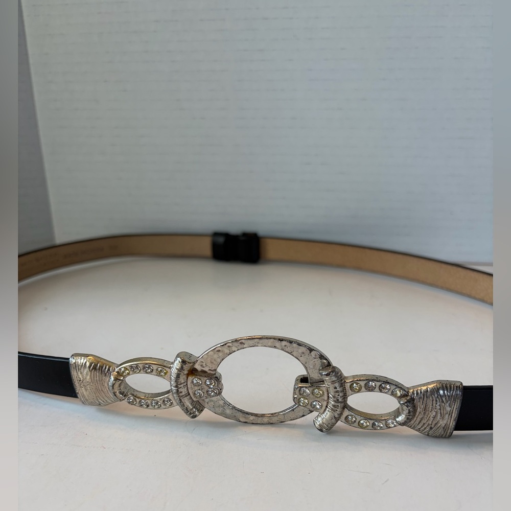 Chico's Silver-Tone Rhinestone Buckle Black Leather Belt size small/medium